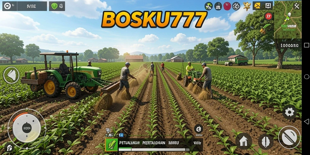 Screenshot utama BOSKU777 menampilkan alam yang subur dan aktivitas bertani.