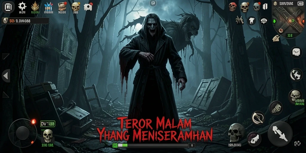 Screenshot gameplay yang menampakkan kengerian dalam gelap.