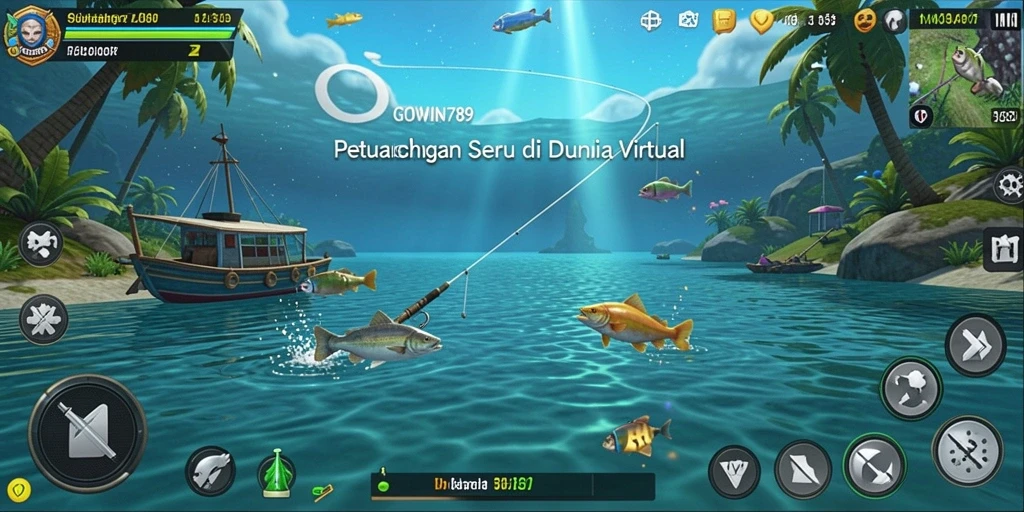 Screenshot GOWIN789 menunjukkan pemain yang sedang memancing dengan latar belakang laut yang indah.