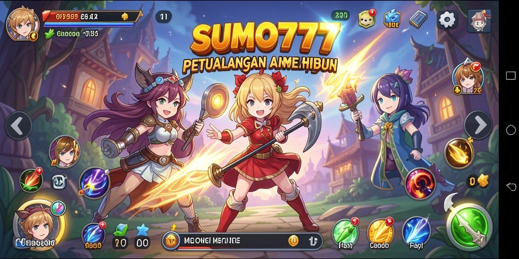 Tangkapan layar dari gameplay SUMO777 menampilkan pertarungan karakter anime yang seru.